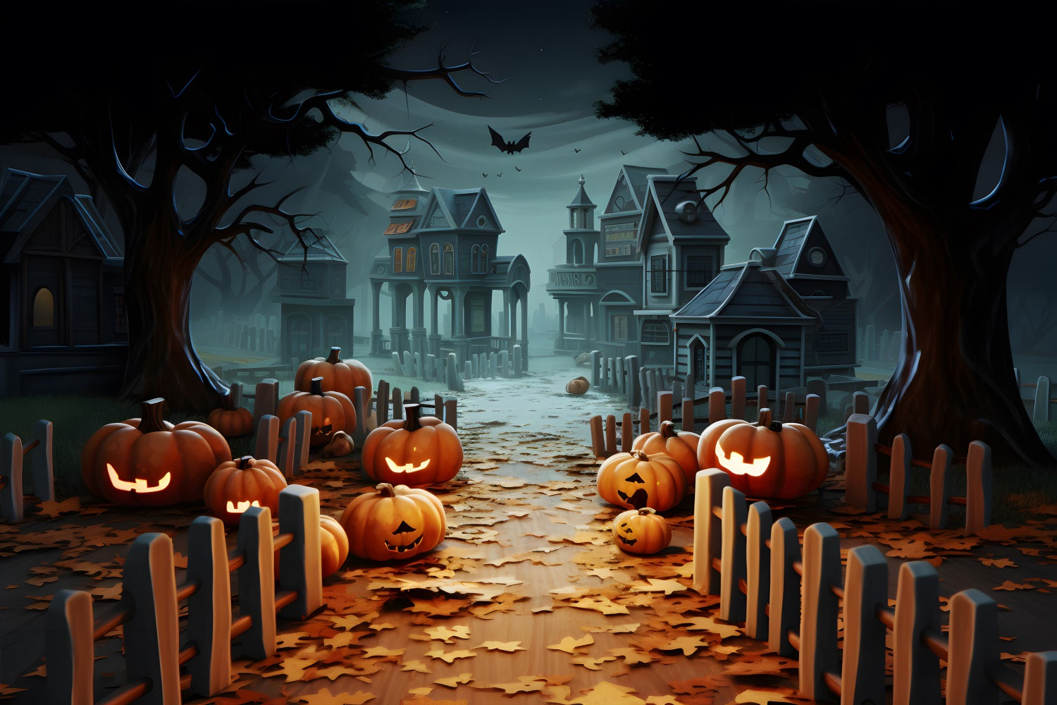 Halloween-Kürbislaternen Gespenstischer Dorfweg Hintergrund RR7-254