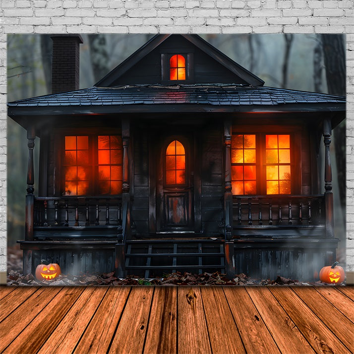 Halloween Kürbis Gespenstische Hütte in den Wäldern Hintergrund RR7-257