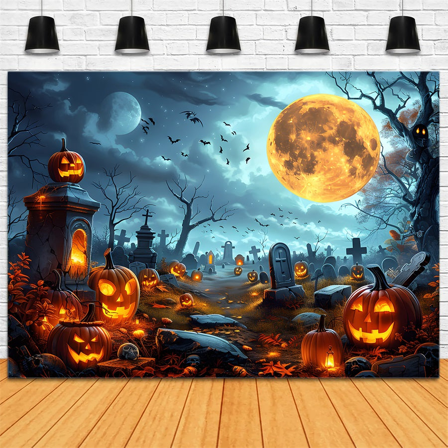 Halloween-Kürbislaternen Vollmond-Friedhof-Hintergrund RR7-258