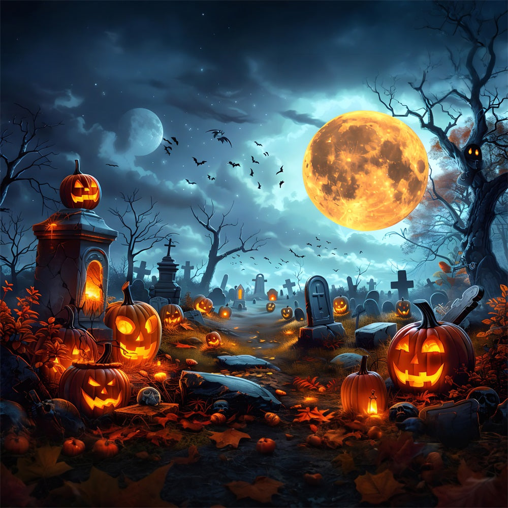 Halloween-Kürbislaternen Vollmond-Friedhof-Hintergrund RR7-258