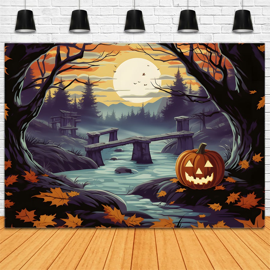 Halloween Kürbislaternen Verzauberter Wald Fluss Hintergrund RR7-259