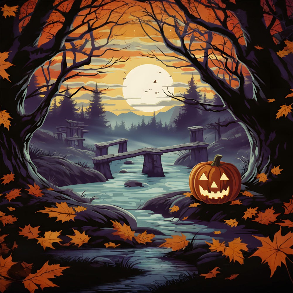 Halloween Kürbislaternen Verzauberter Wald Fluss Hintergrund RR7-259