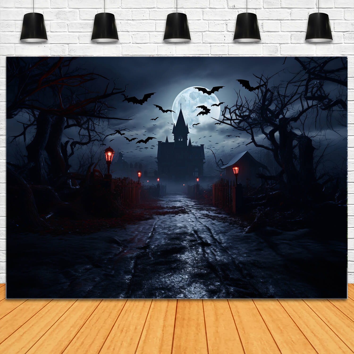 Gespenstische Halloween Geisterhäuser im Mondlicht Hintergrund RR7-26