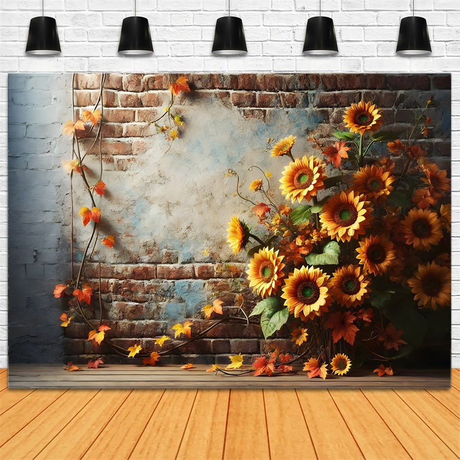 Rustikale Backsteinmauer Sonnenblumen Herbstblätter Hintergrund RR7-277