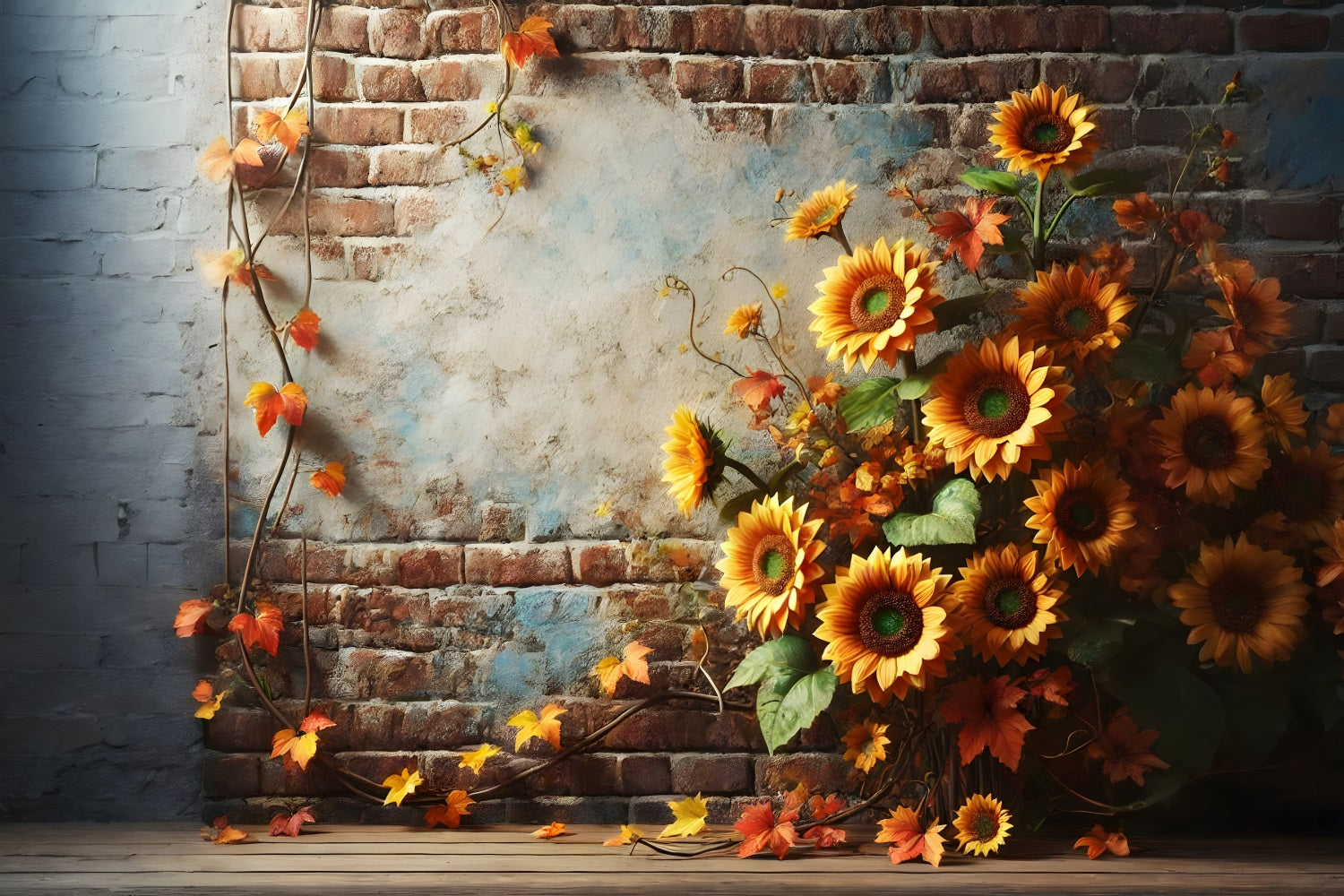 Rustikale Backsteinmauer Sonnenblumen Herbstblätter Hintergrund RR7-277
