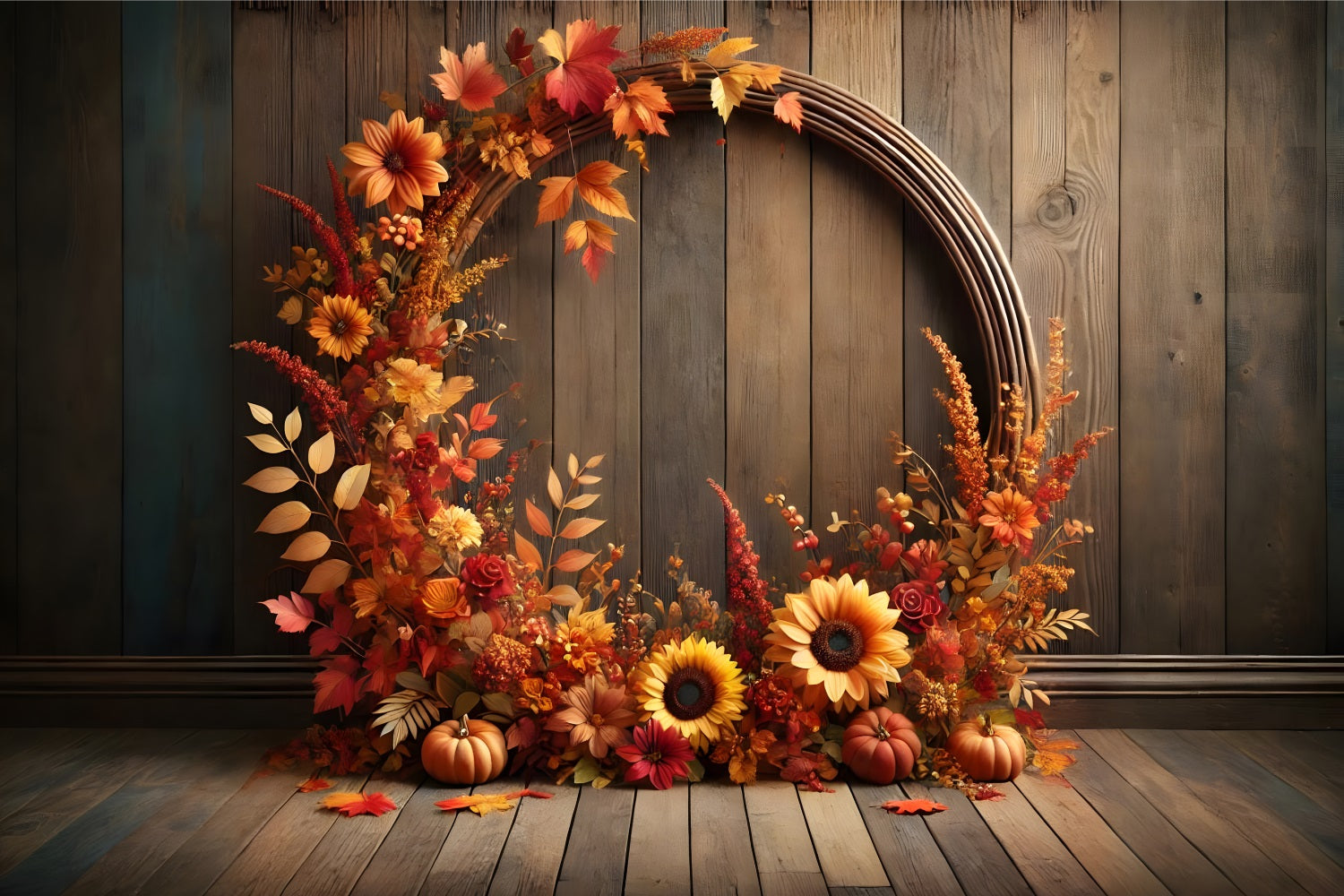 Herbstblumenbogen und Kürbis Holzkulisse RR7-279