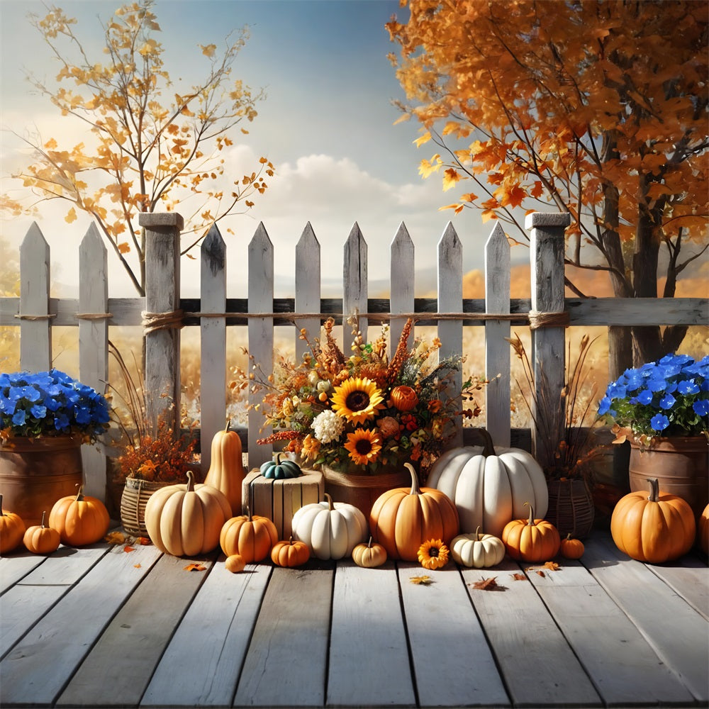 Herbstliche Ernte mit Blumen und Kürbis Lattenzaun-Hintergrundkulisse RR7-280