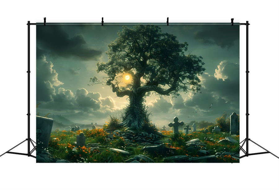 Halloween Verwunschener Friedhofs-Baum-Hintergrund RR7-286