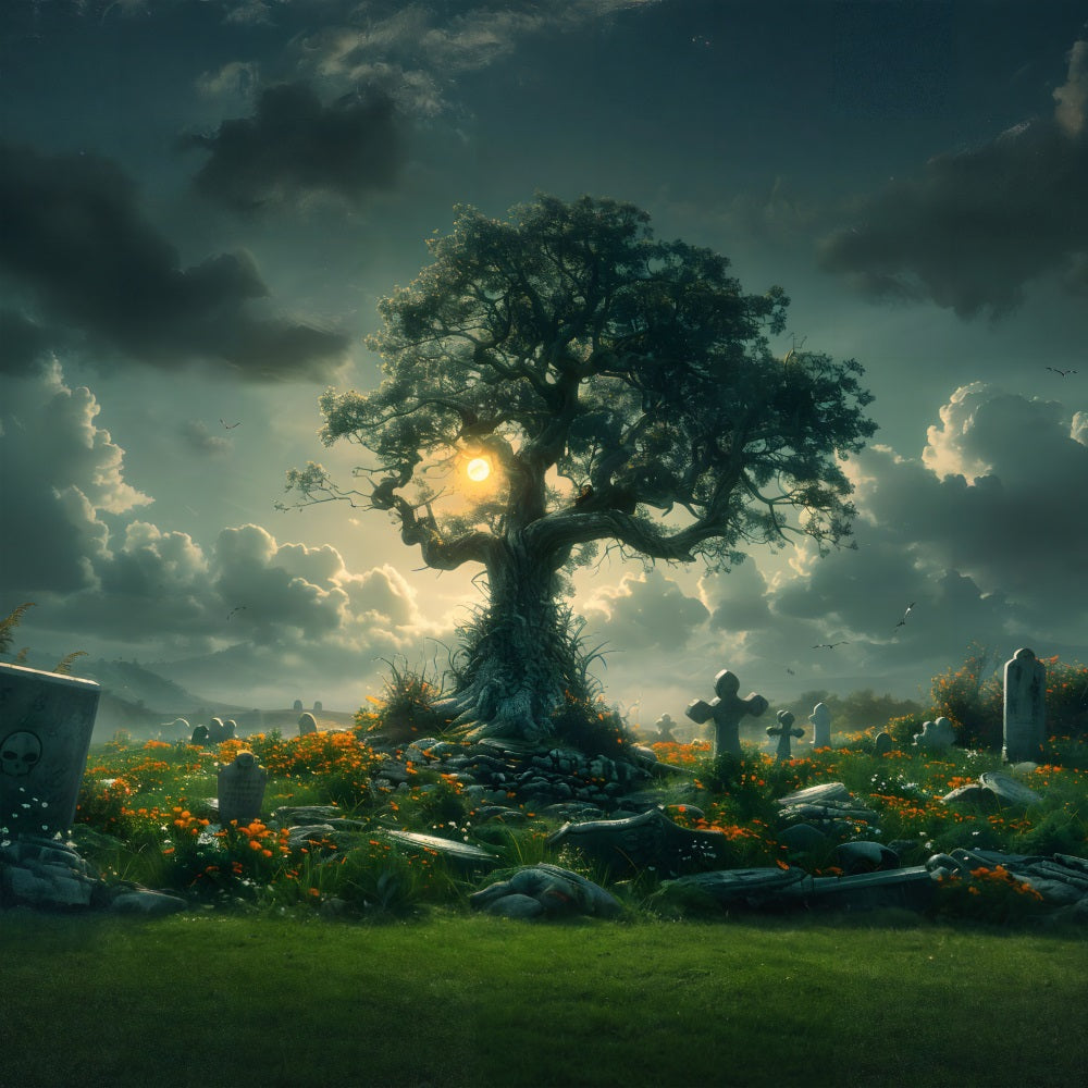 Halloween Verwunschener Friedhofs-Baum-Hintergrund RR7-286