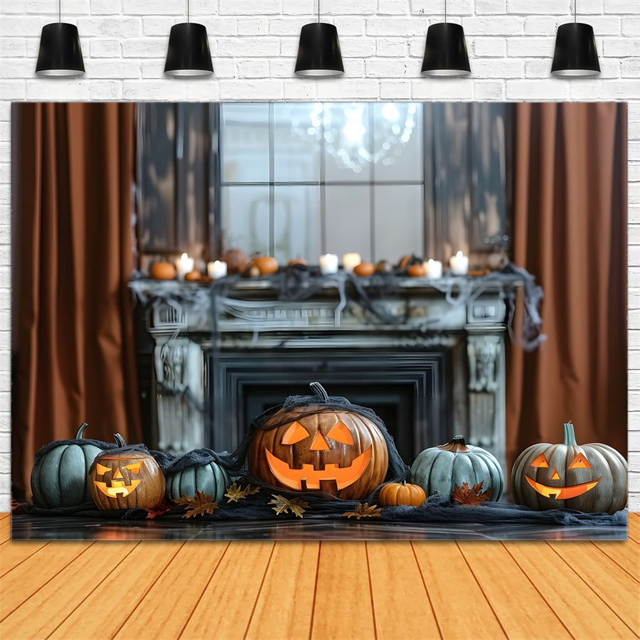 Halloween Spukkamin mit leuchtenden Kürbissen Kulisse RR7-323