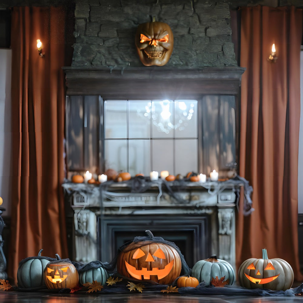 Halloween Spukkamin mit leuchtenden Kürbissen Kulisse RR7-323