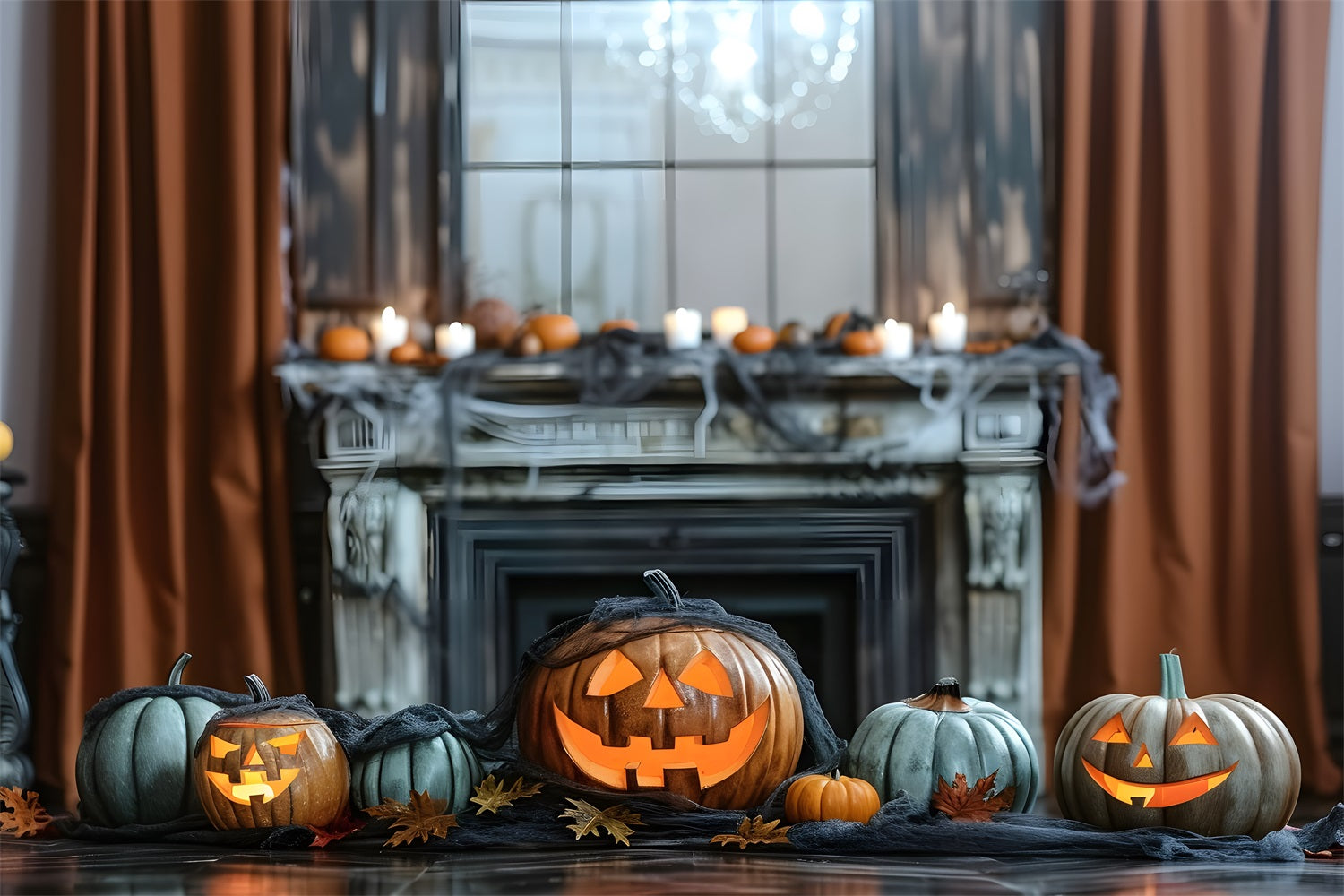 Halloween Spukkamin mit leuchtenden Kürbissen Kulisse RR7-323
