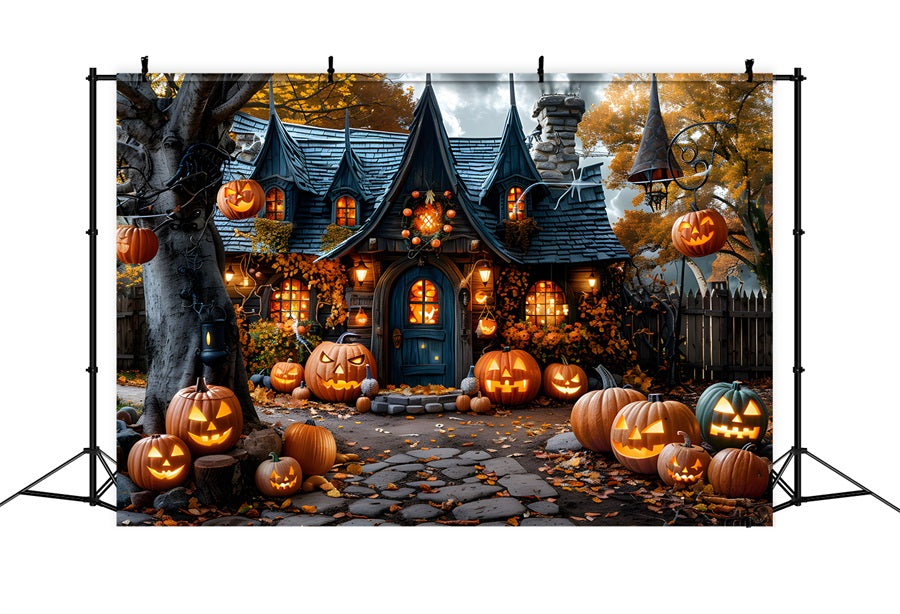 Halloween Verzaubertes Dorf mit Kürbislaternen Hintergrund RR7-335