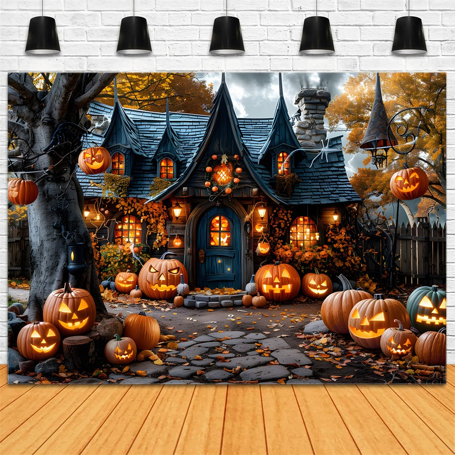 Halloween Verzaubertes Dorf mit Kürbislaternen Hintergrund RR7-335