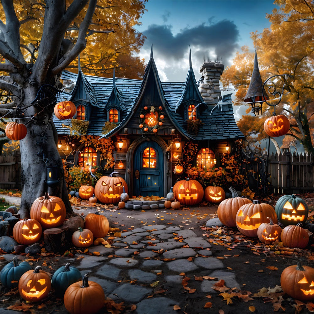 Halloween Verzaubertes Dorf mit Kürbislaternen Hintergrund RR7-335