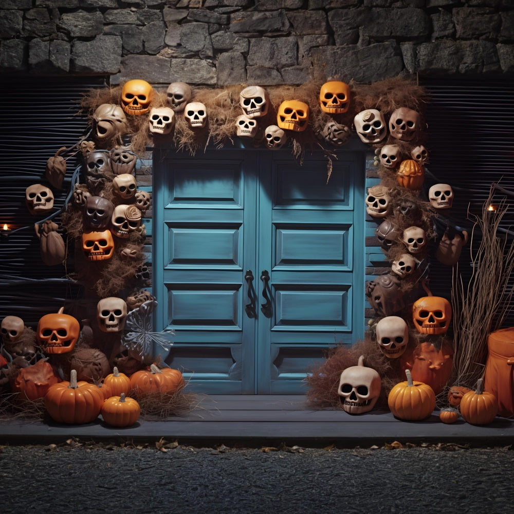Blaue Tür-Hintergrundkulisse mit Halloween-Totenkopf und Kürbislaterne RR7-343
