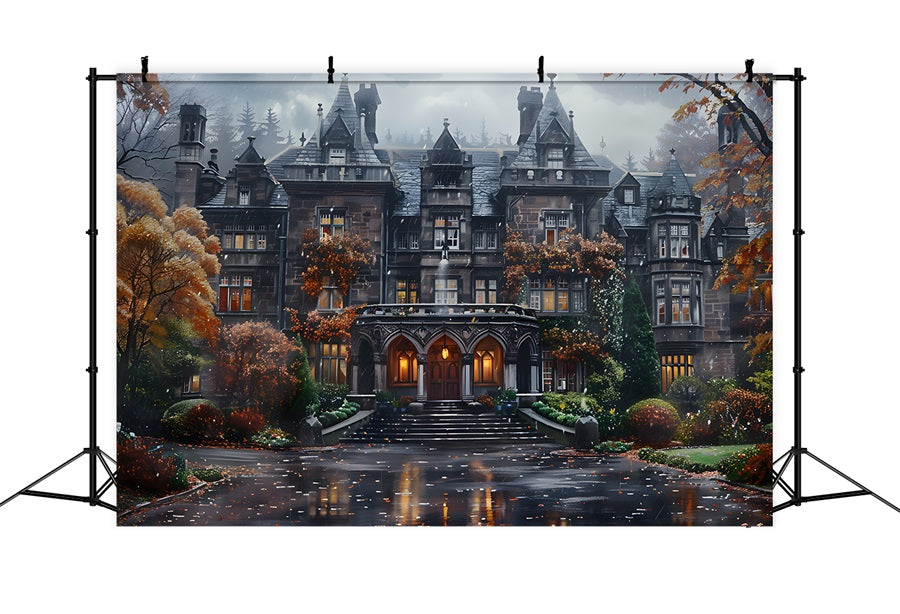 Halloween Gothic Herrenhaus mit Herbstlaub Hintergrund RR7-344