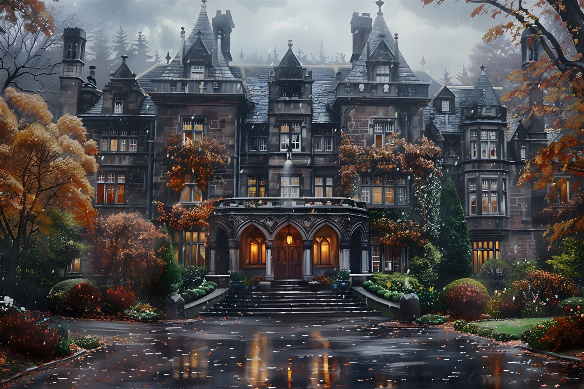 Halloween Gothic Herrenhaus mit Herbstlaub Hintergrund RR7-344