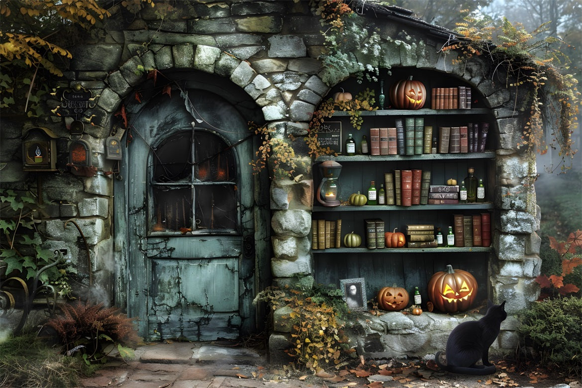 Halloween-Hexenhaus mit Zaubertrankbüchern als Hintergrund RR7-347