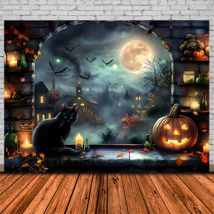 Halloween Moonlit Village Schwarze Katzenlaternen Hintergrund RR7-360