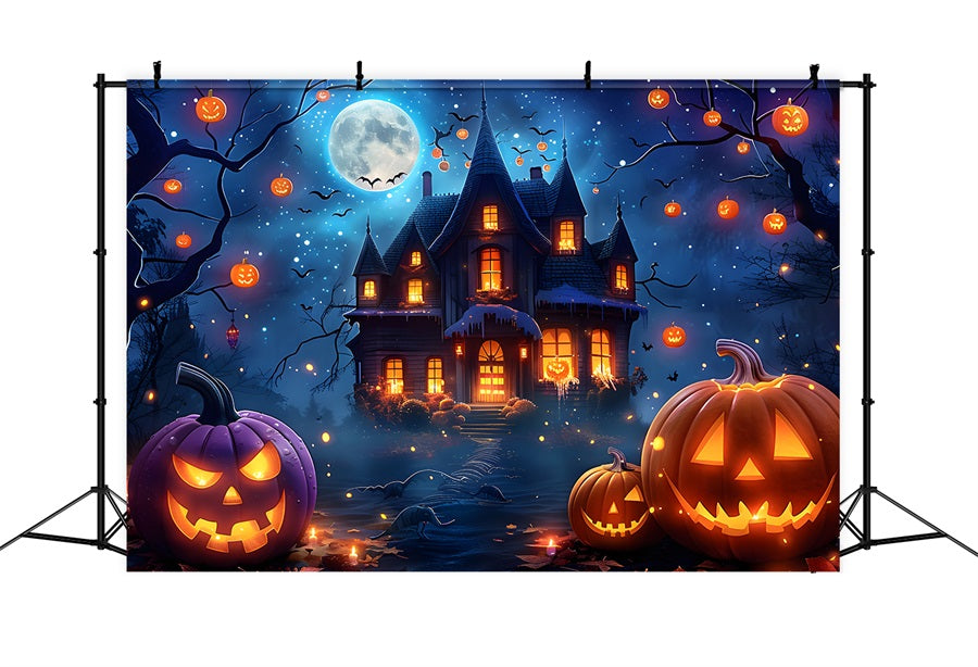 Halloween Verzaubertes Dorf Mitternachts-Mondlicht Hintergrund RR7-363