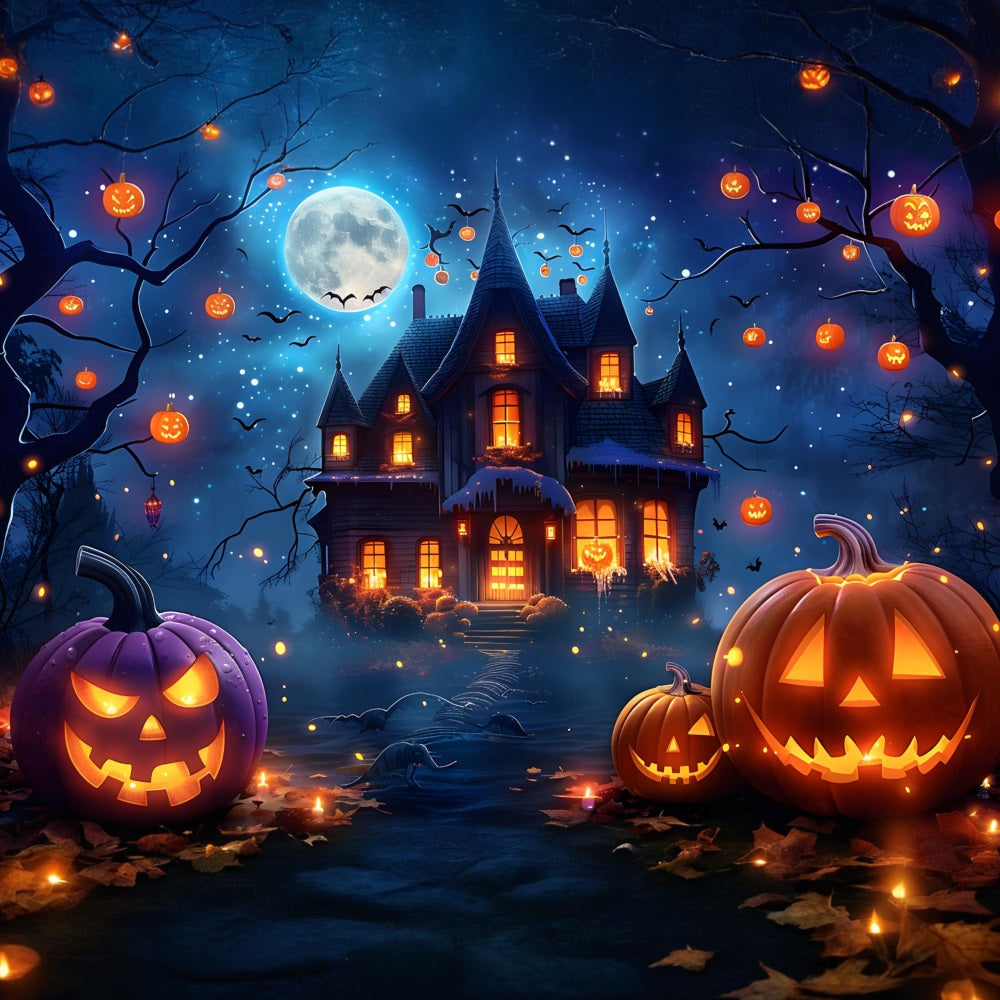 Halloween Verzaubertes Dorf Mitternachts-Mondlicht Hintergrund RR7-363