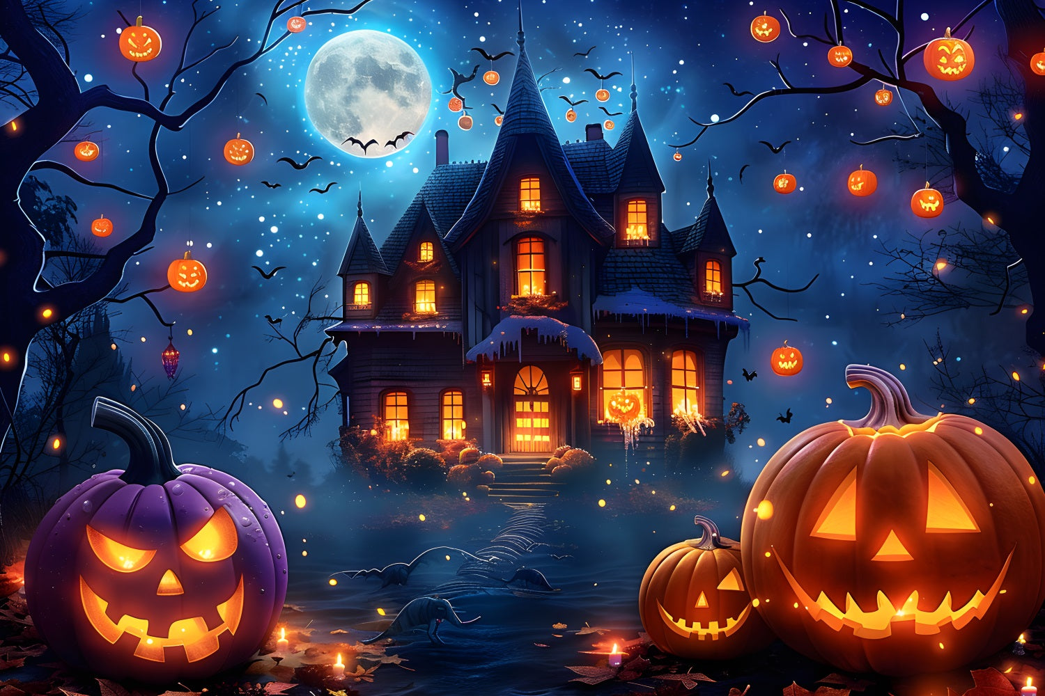 Halloween Verzaubertes Dorf Mitternachts-Mondlicht Hintergrund RR7-363