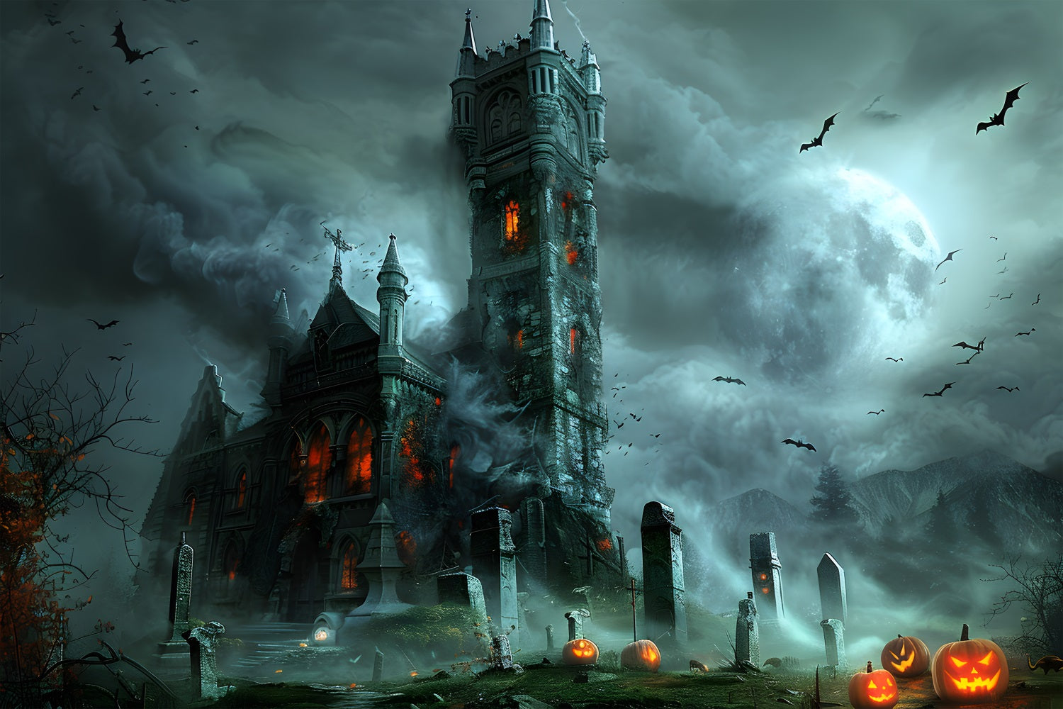 Halloween Gotisches Schloss mit Kürbis-Friedhof Hintergrund RR7-372