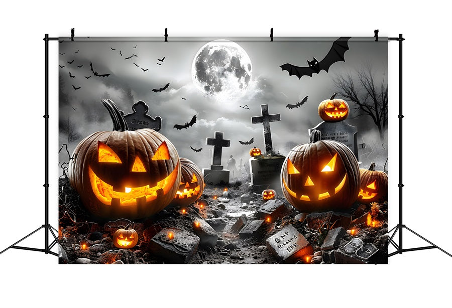 Halloween Friedhof leuchtende Jack-o'-Lanterns Fledermäuse Kulisse RR7-379
