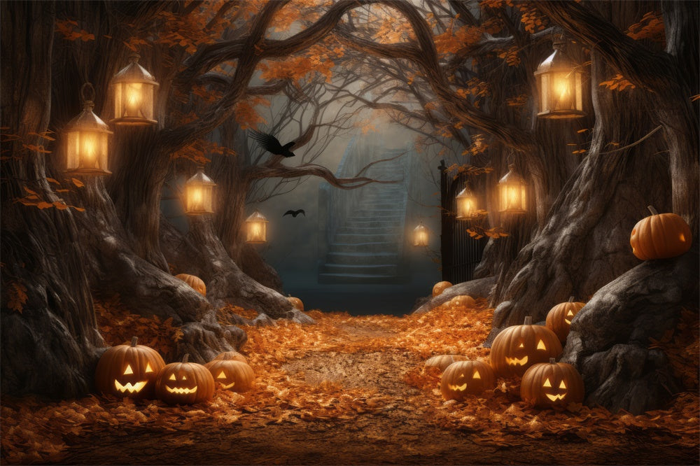 Kürbislaternen Großer Baum Halloween-Hintergrund RR7-386