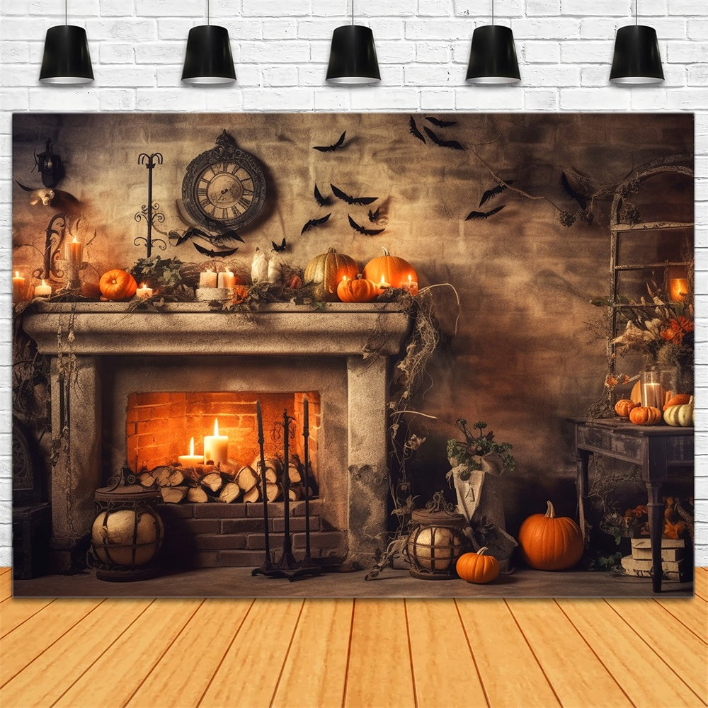 Halloween Alte Feuerstelle Kürbisse Fledermäuse Hintergrund RR7-393