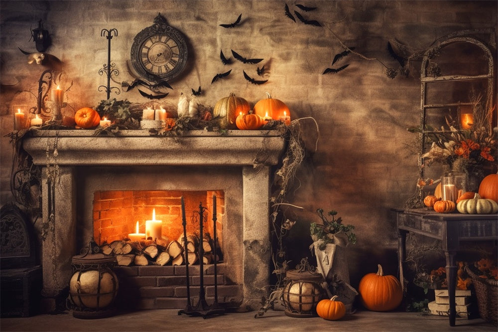 Halloween Alte Feuerstelle Kürbisse Fledermäuse Hintergrund RR7-393