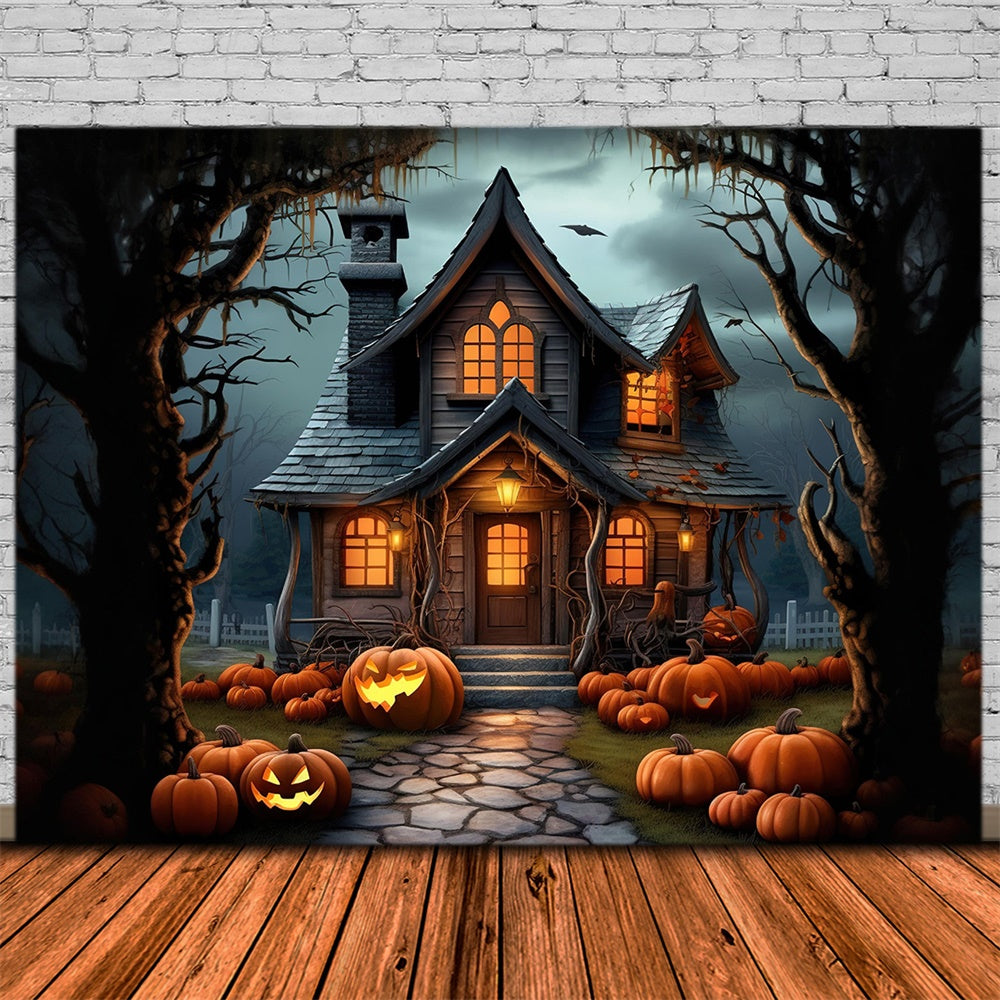 Gespenstische Halloween Waldhaus Kürbisse Hintergrund RR7-395