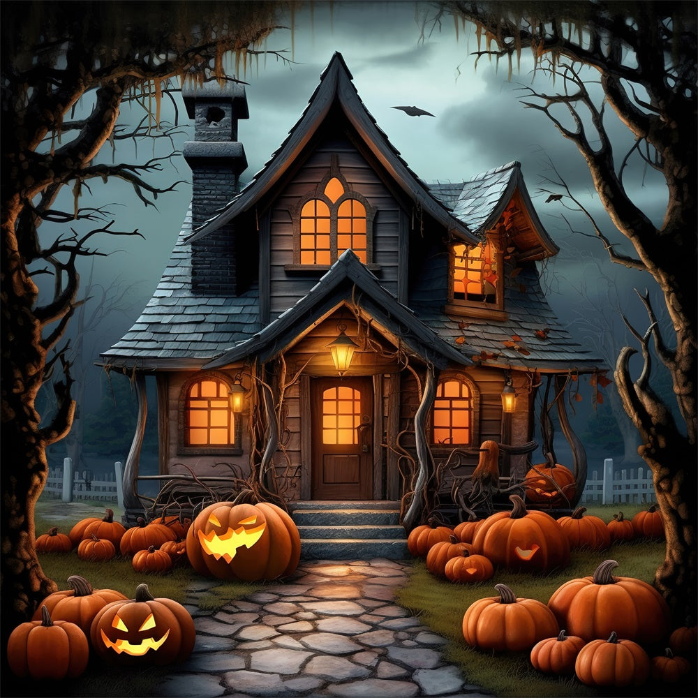 Gespenstische Halloween Waldhaus Kürbisse Hintergrund RR7-395