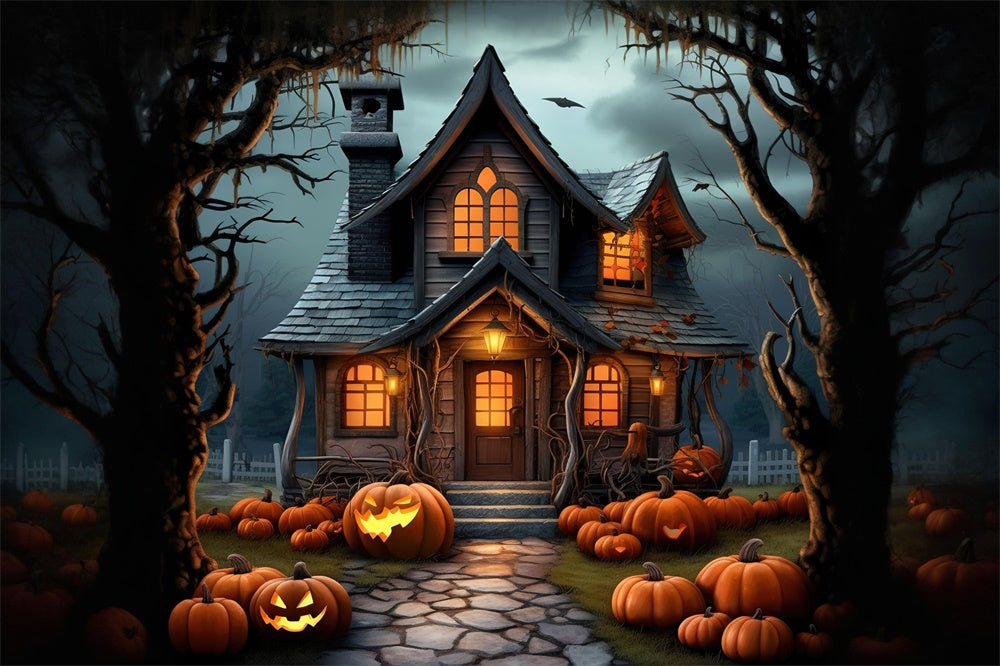 Gespenstische Halloween Waldhaus Kürbisse Hintergrund RR7-395