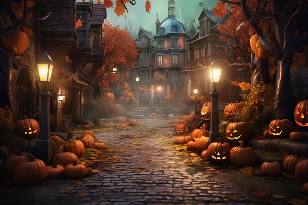 Halloween Nacht Straße Haus Kürbisse Backdrop RR7-405