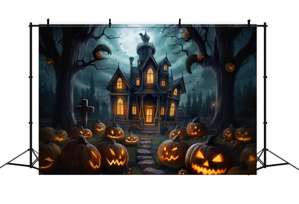 Gespenstisches Kürbishaus Halloween Nacht Backdrop RR7-407