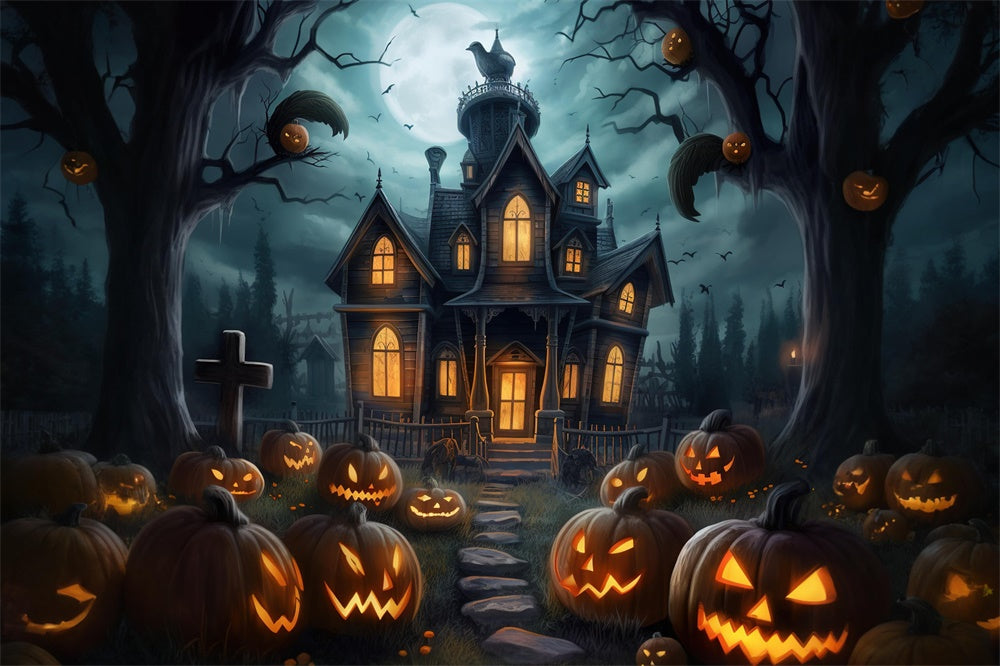 Gespenstisches Kürbishaus Halloween Nacht Backdrop RR7-407