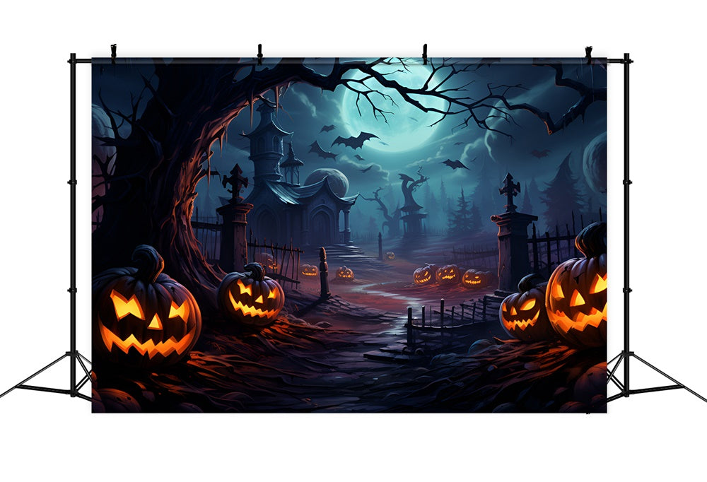 Halloween Gruseliger Friedhof Kürbis Fledermäuse Backdrop RR7-415