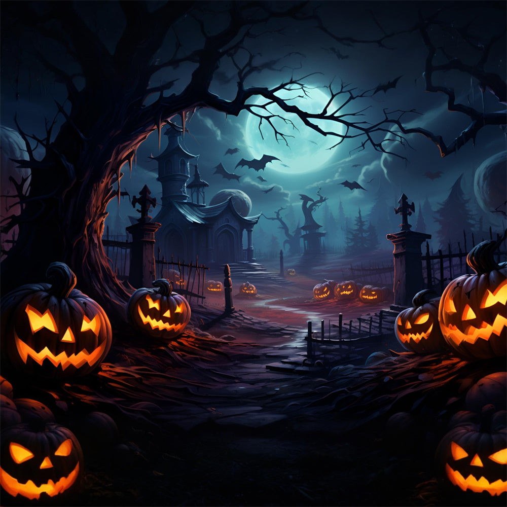 Halloween Gruseliger Friedhof Kürbis Fledermäuse Backdrop RR7-415