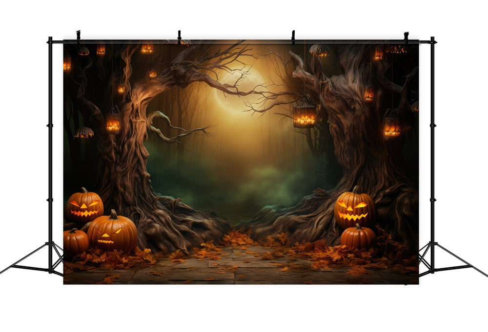 Dunkler Wald-Mond-Halloween-Kürbisse-Hintergrund RR7-419