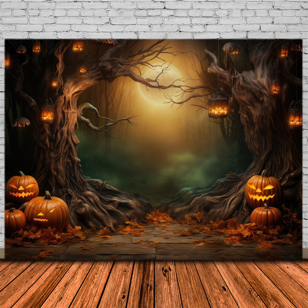 Dunkler Wald-Mond-Halloween-Kürbisse-Hintergrund RR7-419