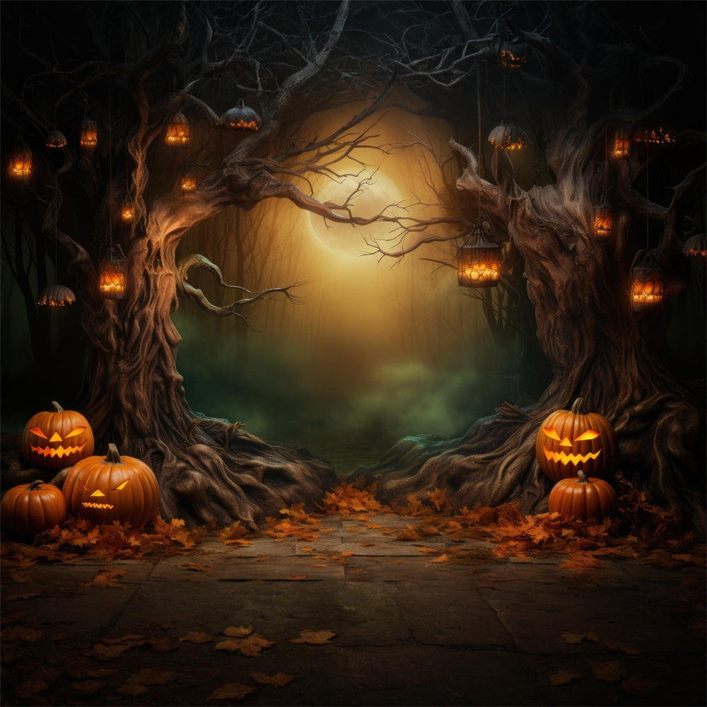 Dunkler Wald-Mond-Halloween-Kürbisse-Hintergrund RR7-419