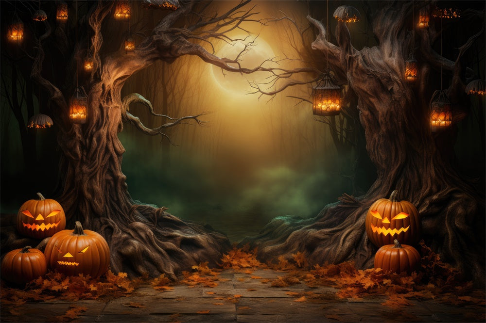 Dunkler Wald-Mond-Halloween-Kürbisse-Hintergrund RR7-419