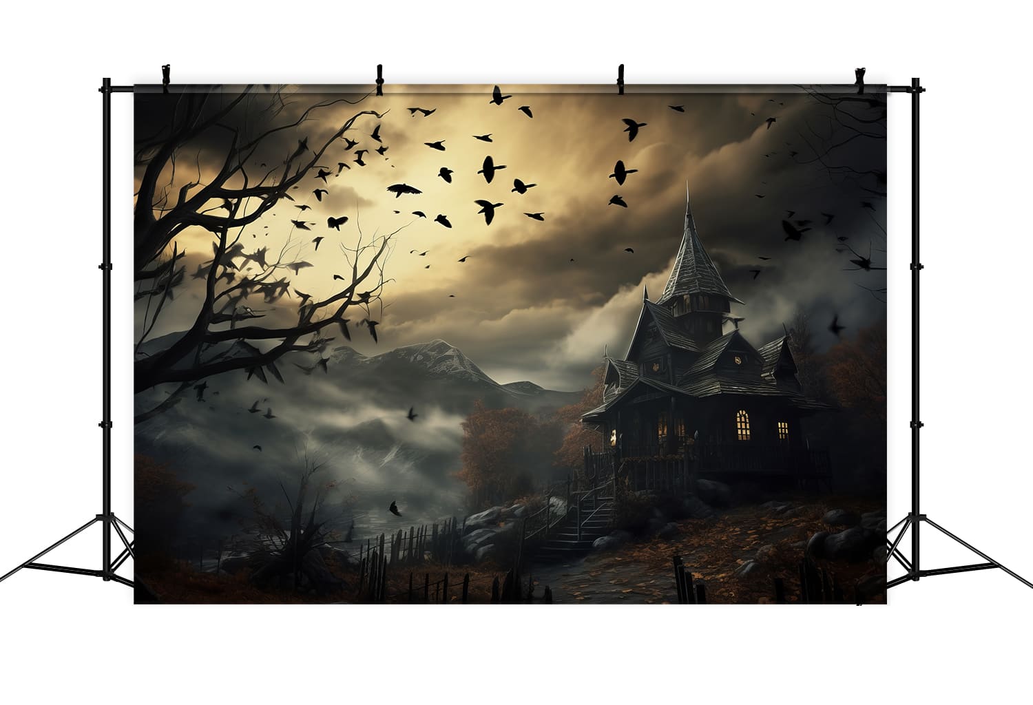 Halloween Abenddämmerung Fledermäuse Bäume Fotohintergrund RR7-42