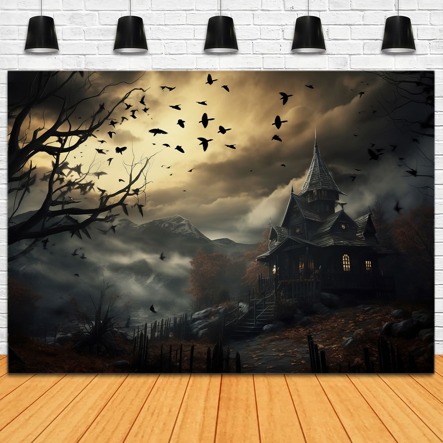 Halloween Abenddämmerung Fledermäuse Bäume Fotohintergrund RR7-42