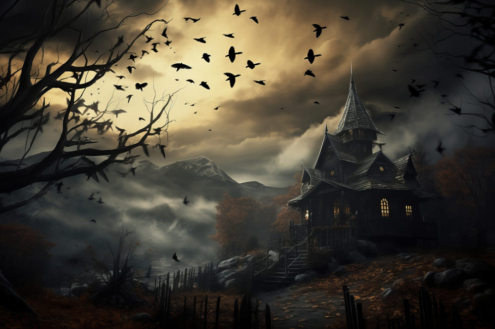 Halloween Abenddämmerung Fledermäuse Bäume Fotohintergrund RR7-42