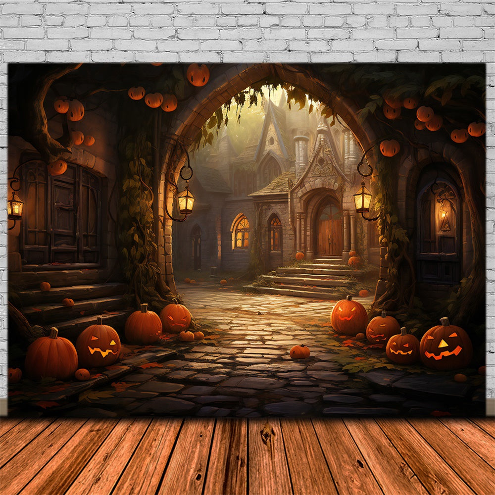Halloween Häuser Steinbogen Kürbisse Backdrop RR7-427