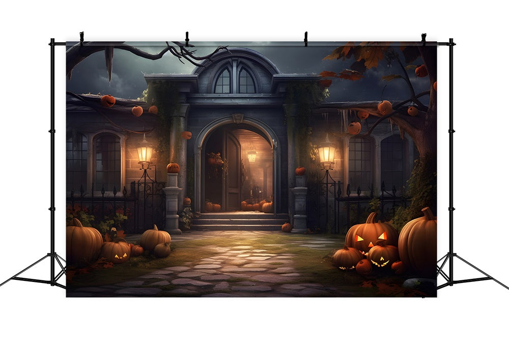 Gespenstische Halloween-Villa Kürbisse Hintergrund RR7-429