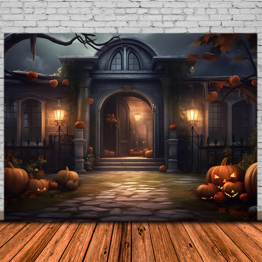 Gespenstische Halloween-Villa Kürbisse Hintergrund RR7-429